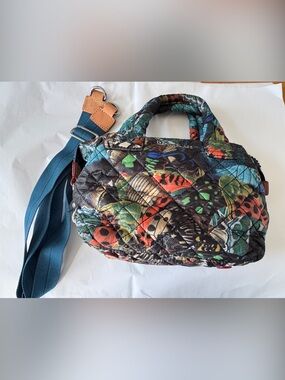 MZ Wallace Quilted Crossbody Satchel in Multicolor Floral Print with Teal Strap